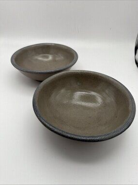 Two Rowe Pottery Works Salt Glaze Blue Cereal Bowls